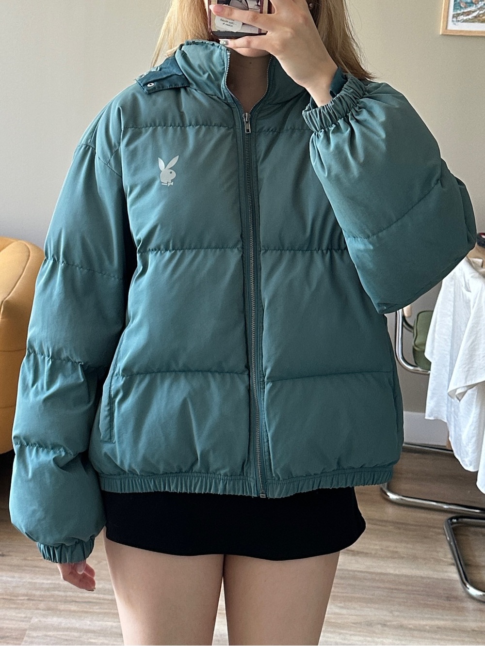 Playboy by PacSun blue/teal puffer jacket with hood and pockets.